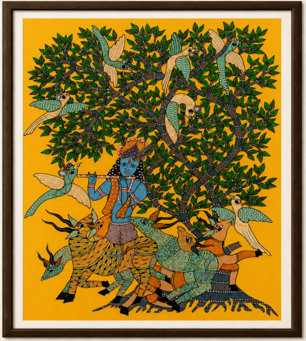 Product 4 Krishna with Sacred Cow Gond Art | Traditional Tribal Folk Painting