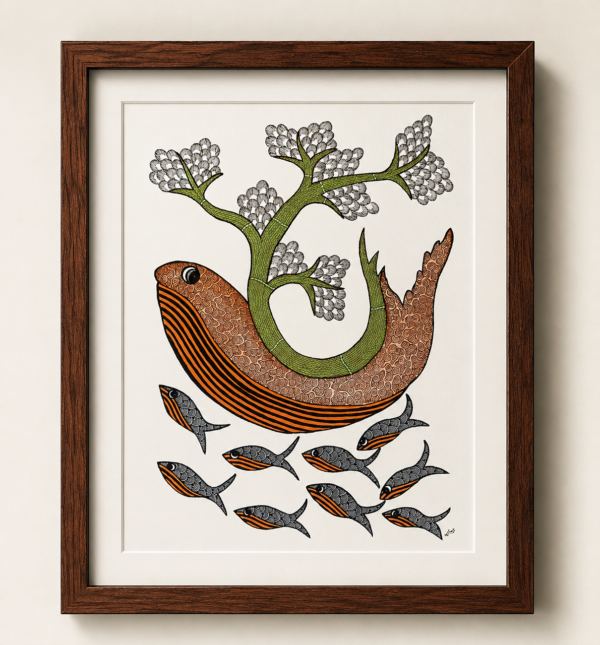 Tree of Life Fish Gond Painting | Handmade Tribal Folk Art