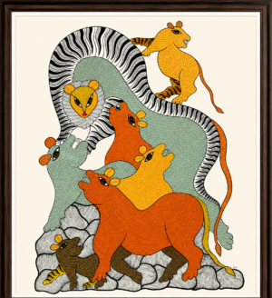 pic9 Lion Family Gond Art | Traditional Tribal Wildlife Painting